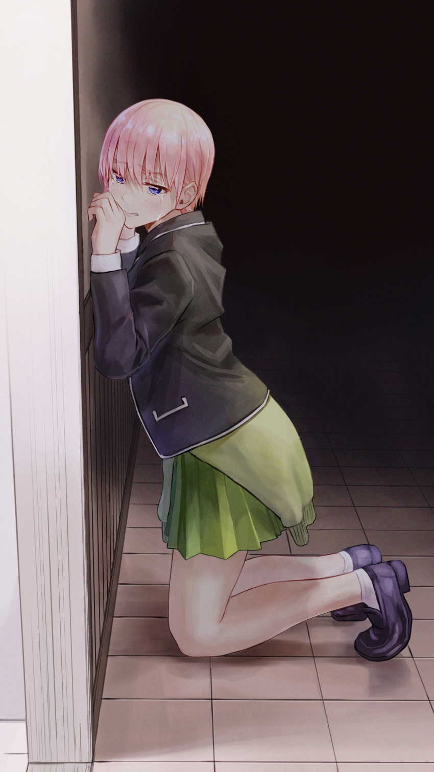 1girl absurdres bangs black_footwear blazer blue_eyes commentary_request crying eyebrows_visible_through_hair from_side full_body go-toubun_no_hanayome green_jacket green_skirt hair_between_eyes highres indoors ishiyuki00 jacket kneeling loafers nakano_ichika pink_hair pocket revision school_uniform shirt shoes short_hair skirt solo tears tile_floor tiles wall white_legwear white_shirt