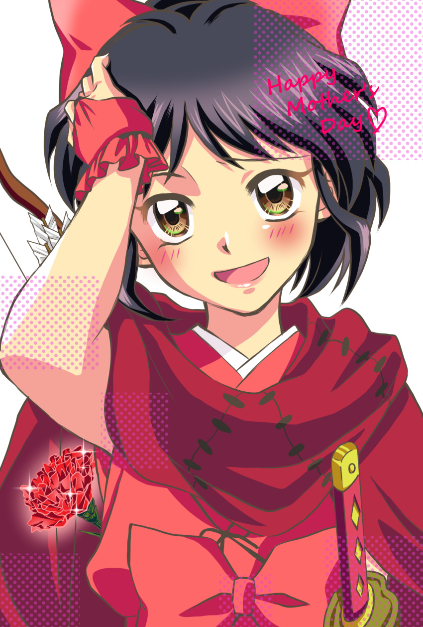 1girl :d anemone_love bangs black_hair blush bow cape flower gloves hair_bow han'you_no_yashahime highres holding holding_flower inuyasha japanese_clothes kimono looking_at_viewer moroha mother's_day open_mouth red_bow red_cape red_gloves rose smile solo sword upper_body weapon yellow_eyes