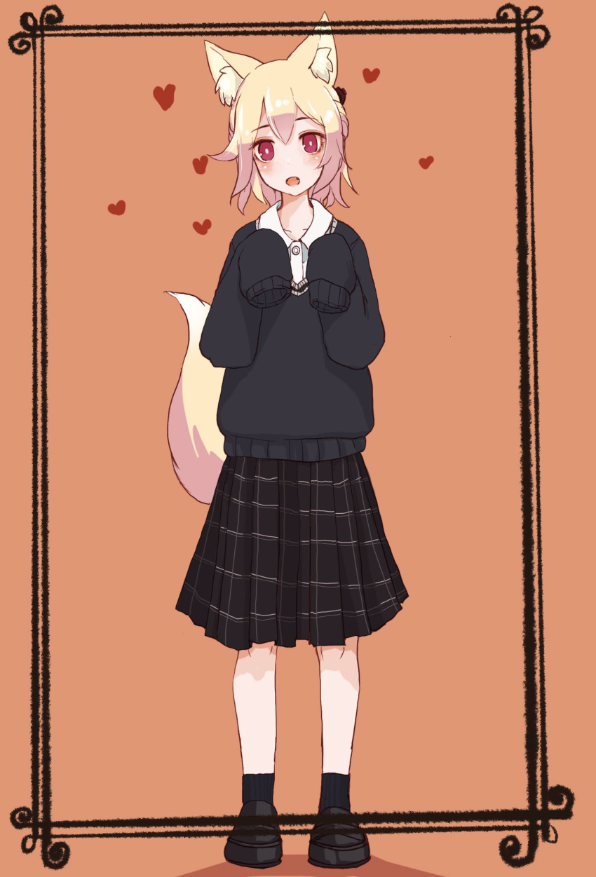1girl :d animal_ear_fluff animal_ears bangs black_footwear black_legwear black_skirt black_sweater blush borrowed_character brown_background collared_shirt commentary_request domaso_(sowdma2) dress_shirt eyebrows_visible_through_hair fang fox_ears fox_girl fox_tail full_body hair_between_eyes hands_up heart highres kemomimi-chan_(naga_u) loafers long_sleeves original pleated_skirt ribbed_legwear shirt shoes skirt sleeves_past_fingers sleeves_past_wrists smile socks solo standing sweater tail violet_eyes white_shirt