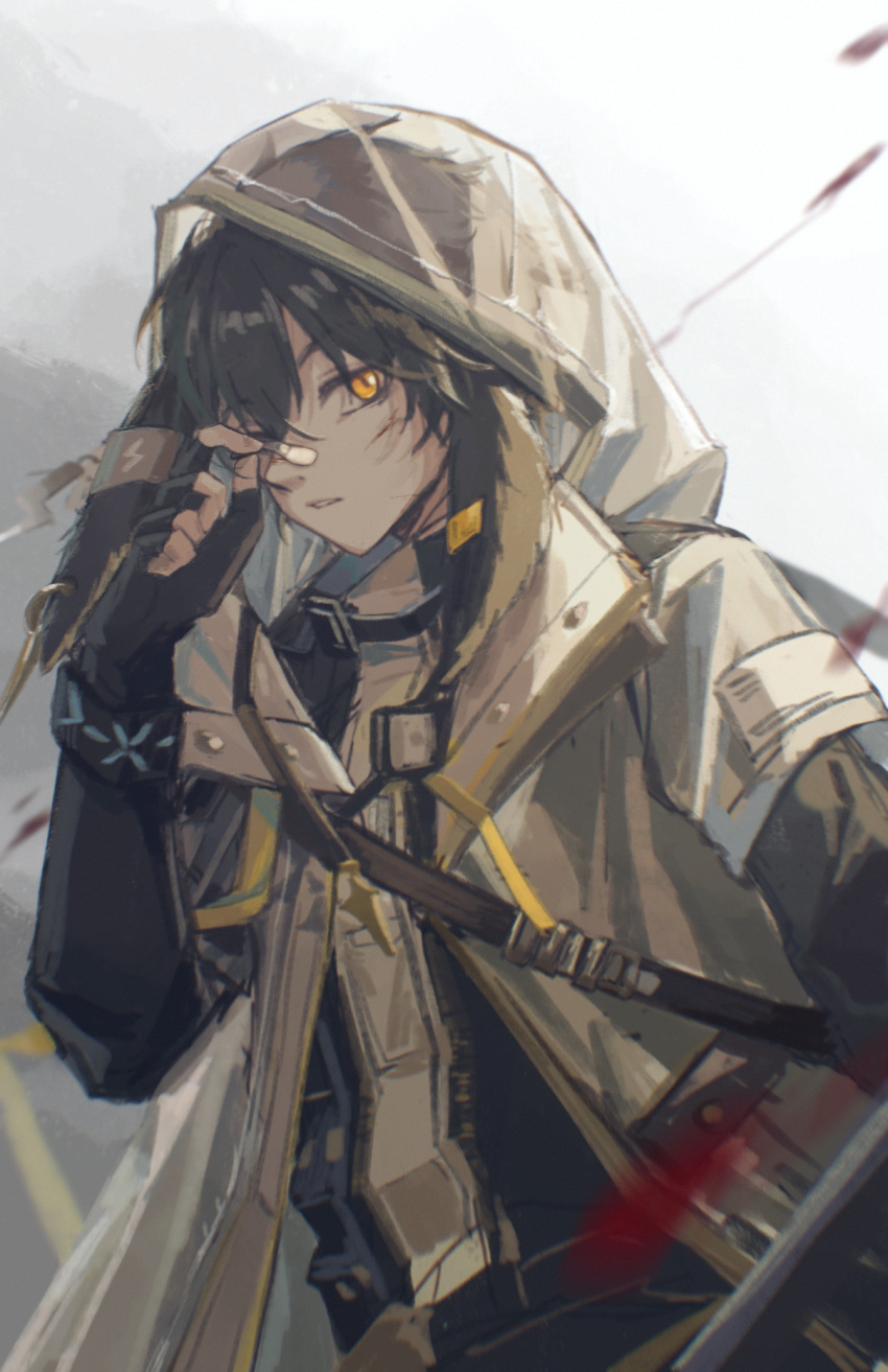 1boy animal_ears arknights ayerscarpe_(arknights) bandaid bandaid_on_face bandaid_on_nose bangs black_gloves black_hair blonde_hair blood cuts earclip ears_down fingerless_gloves gloves highres hood hood_up hooded_jacket injury jacket layered_sleeves lightning_bolt_symbol long_sleeves looking_at_viewer male_focus motion_blur multicolored_hair one_eye_covered open_clothes open_jacket orange_eyes parted_lips rabbit_boy rabbit_ears rubbing_eyes shieryue164 short_hair short_over_long_sleeves short_sleeves solo streaked_hair upper_body white_background wristband