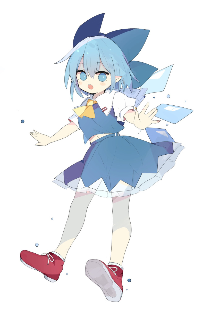 1girl 76gpo ascot bangs blue_eyes blue_hair blue_shirt blue_skirt cirno full_body highres ice ice_wings looking_at_viewer navel open_mouth puffy_short_sleeves puffy_sleeves red_footwear shirt short_hair short_sleeves simple_background skirt solo touhou white_background wings yellow_ascot