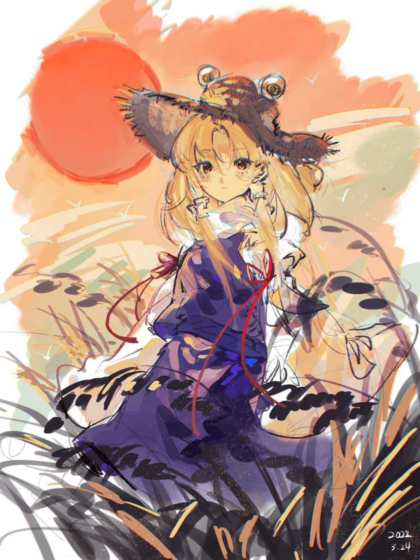 1girl arms_at_sides bangs blonde_hair brown_headwear closed_mouth commentary dated day expressionless full_body grass hair_tubes hat highres long_hair long_sleeves looking_at_viewer moriya_suwako parted_bangs purple_skirt purple_vest red_ribbon ribbon shirt sidelocks sketch skirt solo sun touhou vest white_shirt wide_sleeves yellow_eyes yongyu366