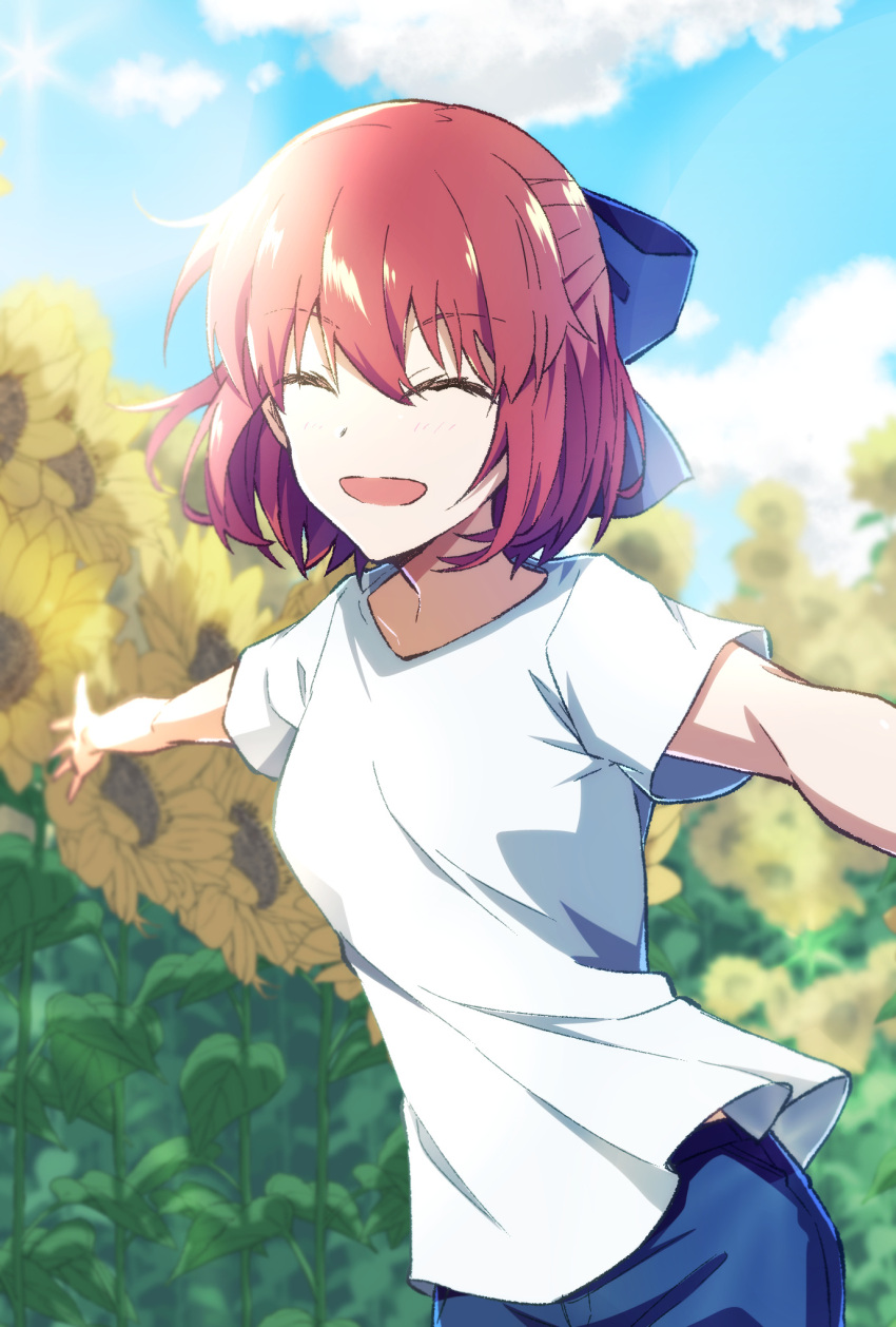 1girl azami_masurao bangs blue_bow blue_pants blue_sky bow closed_eyes commentary_request day denim eyebrows_visible_through_hair flower hair_between_eyes hair_bow half_updo highres jeans kohaku_(tsukihime) leaf open_mouth outdoors outstretched_arms pants redhead shirt short_hair sky smile solo spread_arms sunflower sunlight tsukihime white_shirt yellow_flower