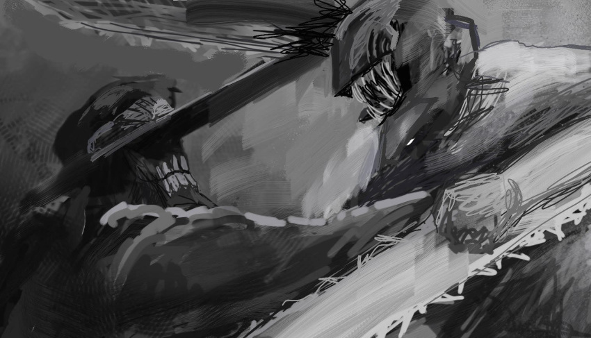 2boys chainsaw chainsaw_man denji_(chainsaw_man) facing_another fighting grey_background greyscale hat hybrid katana katana_man_(chainsaw_man) kishima_(ki123454321) long_sleeves monochrome multiple_boys open_mouth sharp_teeth simple_background sword teeth weapon