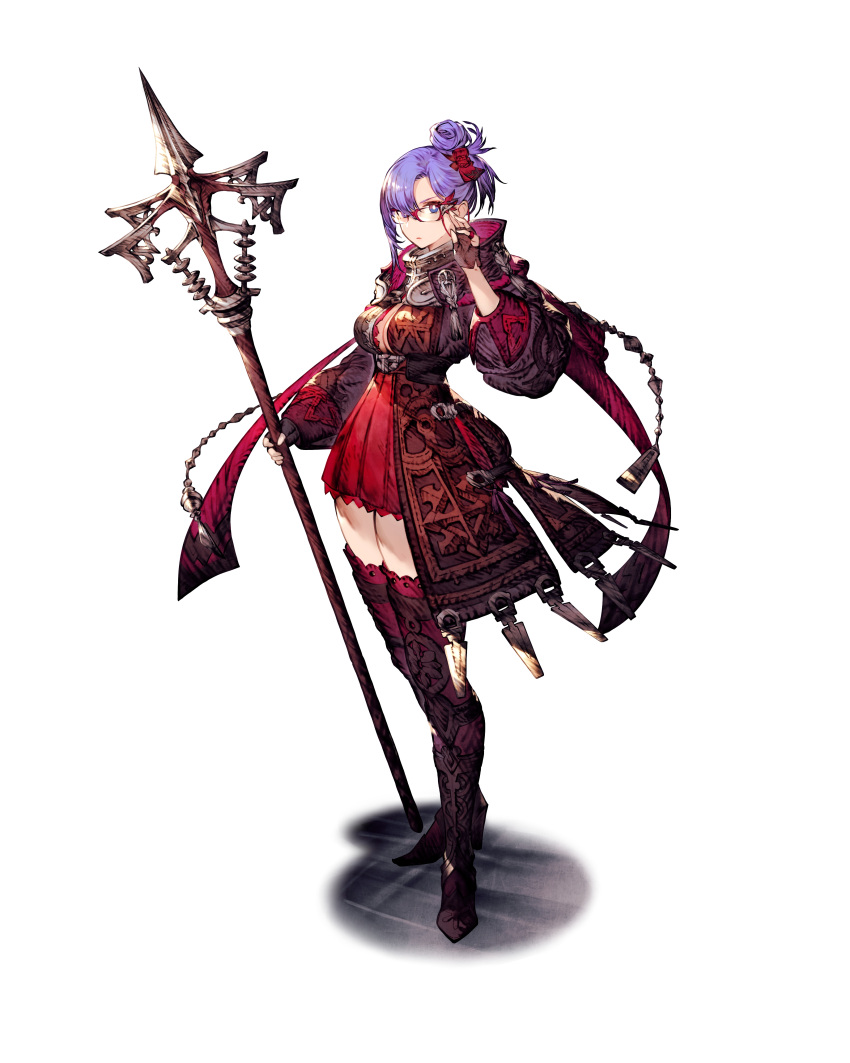 1girl absurdres artist_request blue_eyes boots breasts character_request dress final_fantasy final_fantasy_brave_exvius fingerless_gloves full_body glasses gloves hand_up highres holding holding_weapon looking_at_viewer medium_breasts official_art parted_lips purple_hair short_hair simple_background solo standing thigh_boots war_of_the_visions:_final_fantasy_brave_exvius weapon white_background