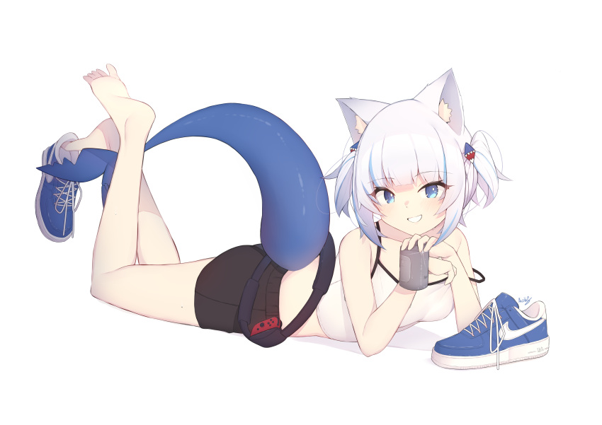 1girl absurdres animal_ears ass bangs blue_eyes blue_hair blunt_bangs breasts cat_ears fish_tail gawr_gura hair_ornament highres hololive hololive_english holomyth looking_at_viewer medium_hair multicolored_hair shark_girl shark_hair_ornament shark_tail sharp_teeth shoes short_shorts shorts small_breasts sneakers solavit401 solo streaked_hair sweat tail teeth twintails two_side_up virtual_youtuber white_hair
