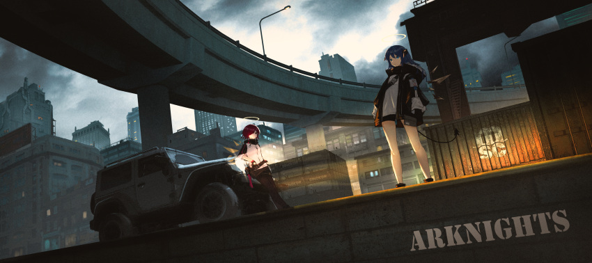 2girls absurdres arknights bare_legs belt belt_pouch black_belt black_coat black_gloves black_horns black_legwear black_shorts black_skirt black_sleeves black_wings blue_eyes blue_hair building city cityscape clouds cloudy_sky coat commentary concrete copyright_name crossed_ankles demon_horns demon_tail energy_wings english_commentary exusiai_(arknights) fingerless_gloves gloves grey_background ground_vehicle hair_over_one_eye halo harbor headlight highres highway horns icyee jacket jeep lamppost leaning_on_object looking_at_viewer miniskirt mostima_(arknights) motor_vehicle multiple_girls outdoors overpass pouch red_eyes red_ribbon redhead ribbon scenery shipping_container shirt short_hair short_shorts shorts shoulder_strap skirt sky sleeves_pushed_up standing tail white_jacket white_shirt wide_shot wings