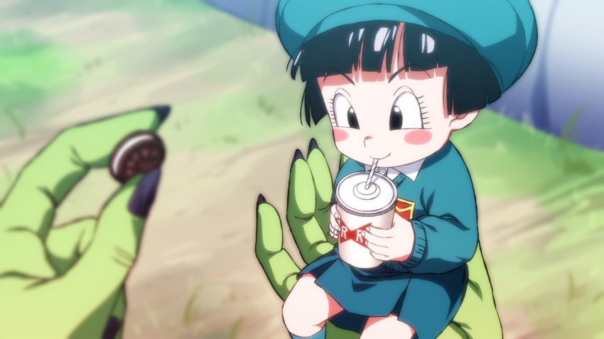 1girl black_eyes black_hair blush_stickers child colored_skin dragon_ball dragon_ball_super dragon_ball_super_super_hero drinking green_skin hat holding kindergarten_uniform pan_(dragon_ball) red_ribbon_army rom_(20) sitting