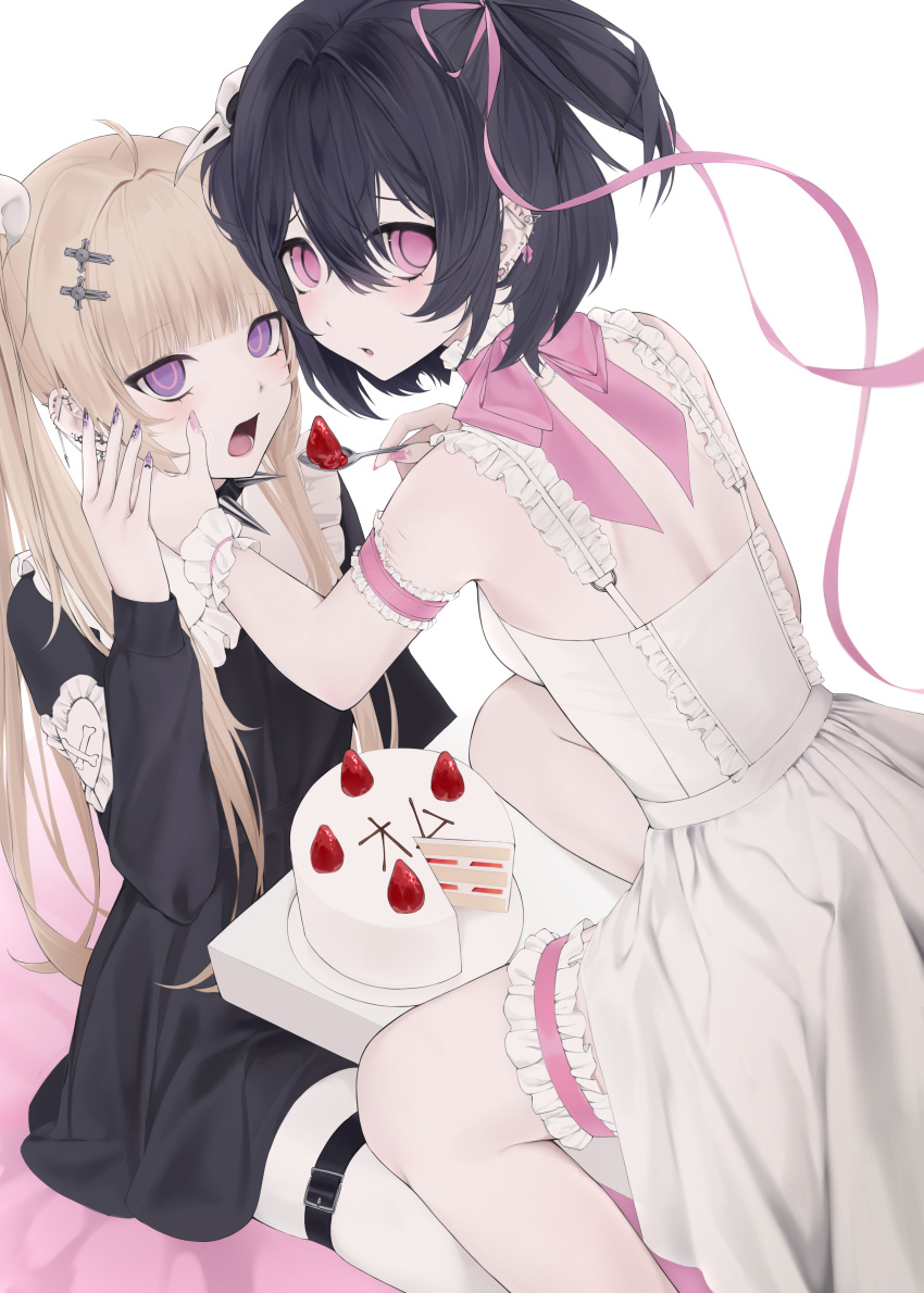 2girls absurdres arm_garter bangs black_dress black_hair blunt_bangs blush borrowed_character collar cross_hair_ornament dress ear_piercing feeding food hair_between_eyes hair_ornament hair_ribbon hand_on_another's_cheek hand_on_another's_face helvetica_(unxi) highres holding holding_spoon leg_garter long_sleeves looking_at_viewer multiple_girls nail_polish open_mouth original pantyhose piercing pink_eyes pink_nails pink_ribbon purple_nails ribbon sleeveless sleeveless_dress spiked_collar spikes spoon thigh-highs thigh_strap twintails two_side_up violet_eyes violeta_(unxi) waytok white_dress white_legwear wrist_cuffs