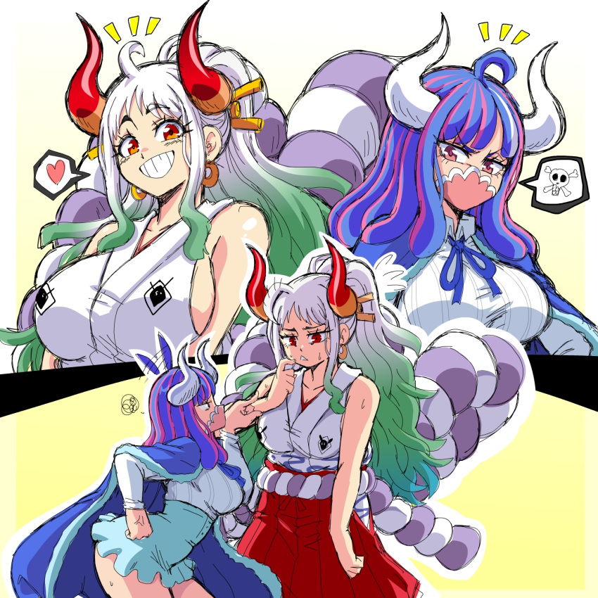 2girls afterimage ahoge ahoge_wag alternate_hairstyle anger_vein angry aqua_hair arm_at_side bangs blue_hair breasts cape covered_mouth curled_horns expressive_hair eyebrows_visible_through_hair flying_sweatdrops green_hair grin hair_ornament hair_stick hand_on_hip hand_up heart height_difference high-waist_skirt highres horns japanese_clothes kimono leaning_forward lewdamone looking_at_another looking_at_viewer mask micro_shorts motion_lines mouth_mask multicolored_hair multicolored_horns multiple_girls neck_ribbon one_piece oni orange_horns pink_eyes pink_hair pink_mask pointing pointing_at_another red_eyes red_horns ribbon rope shimenawa shorts sideboob skirt skull sleeveless sleeveless_kimono smile spoken_heart spoken_skull sweat two-tone_hair ulti_(one_piece) v-shaped_eyebrows white_hair white_horns yamato_(one_piece)