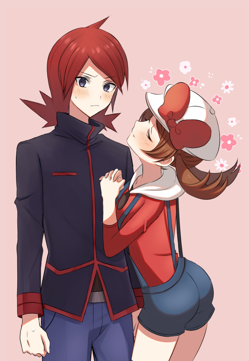 1boy 1girl absurdres belt_buckle black_jacket blush bow brown_hair buckle cabbie_hat closed_eyes closed_mouth commentary_request cowlick grey_eyes hands_up hat hat_bow highres jacket long_hair long_sleeves lyra_(pokemon) nasakixoc overalls own_hands_together pants pokemon pokemon_(game) pokemon_hgss red_bow red_shirt redhead shirt silver_(pokemon) sweatdrop twintails white_headwear