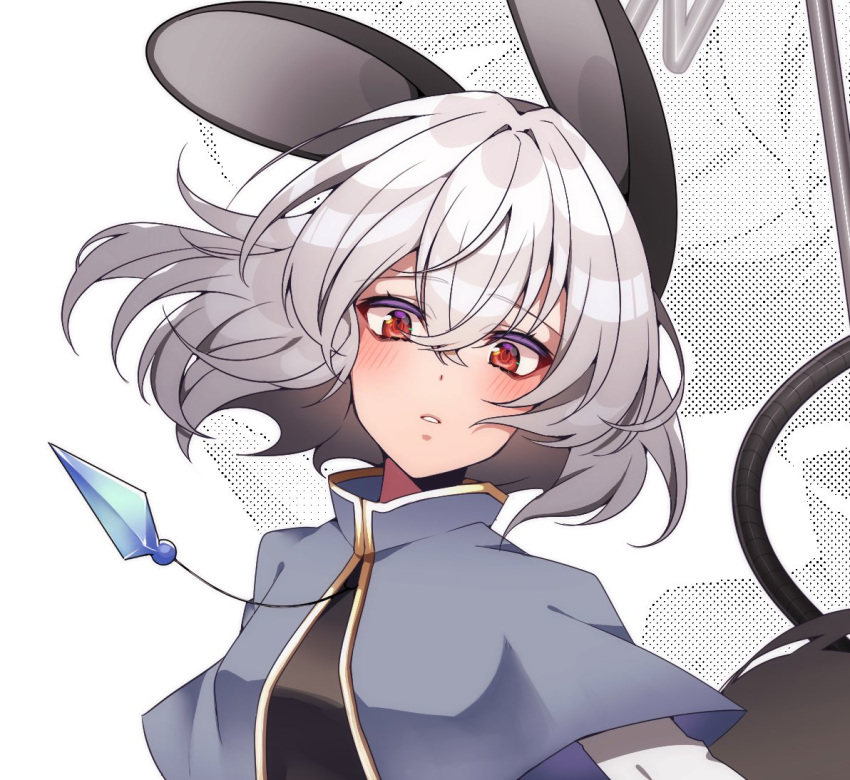 1girl animal_ears bangs breasts capelet crystal dress eyebrows_visible_through_hair face grey_capelet grey_dress grey_hair jewelry kamenozoki_momomo looking_at_viewer mouse_ears mouse_girl mouse_tail nazrin necklace parted_lips pendant red_eyes short_hair small_breasts solo tail touhou upper_body