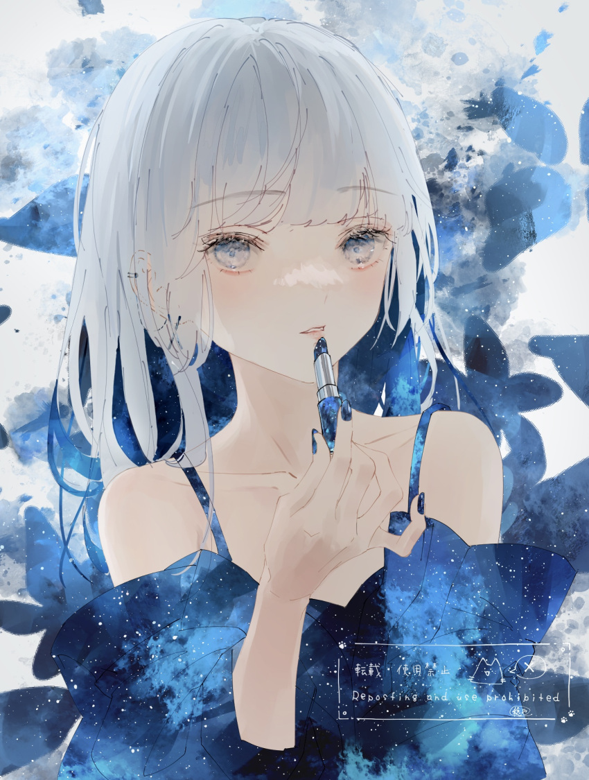 1girl bangs blue_eyes blue_nails blue_shirt blush cosmetics ear_piercing ears_visible_through_hair highres holding holding_lipstick_tube lipstick_tube long_hair looking_at_viewer nail nyaon_oekaki original parted_lips piercing shirt solo white_hair