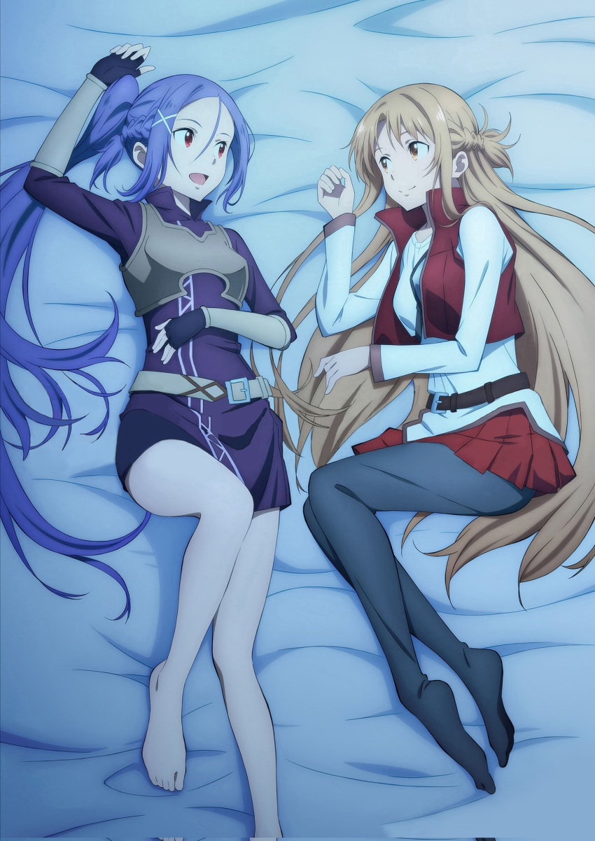 2girls artist_request asuna_(sao) bare_legs barefoot bed blue_hair braid breasts brown_eyes brown_hair dress feet french_braid highres long_hair looking_at_another medium_breasts mito_(sao) multiple_girls pleated_skirt ponytail purple_dress purple_skirt red_eyes red_skirt skirt sleeveless sleeveless_dress sword_art_online sword_art_online_progressive thigh-highs third-party_edit white_dress white_sleeves yuri
