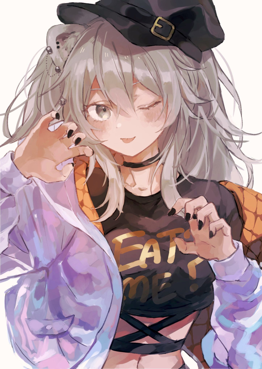 1girl alternate_costume animal_ears baseball_cap black_choker black_headwear choker claw_pose ear_piercing grey_eyes grey_hair hat highres hololive kumono_nnn lion_ears lion_girl long_hair messy_hair off_shoulder one_eye_closed piercing shishiro_botan solo virtual_youtuber