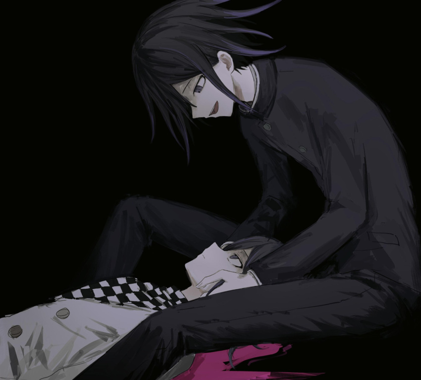 2boys :d bangs black_background black_hair black_jacket blood buttons checkered_clothes checkered_scarf danganronpa_(series) danganronpa_v3:_killing_harmony dual_persona eye_contact feet_out_of_frame flipped_hair grey_jacket highres iumi_urura jacket long_sleeves looking_at_another lying male_focus medium_hair multicolored_hair multiple_boys official_alternate_costume on_back open_mouth ouma_kokichi pink_blood purple_hair scarf simple_background sitting smile teeth two-tone_hair upper_teeth violet_eyes