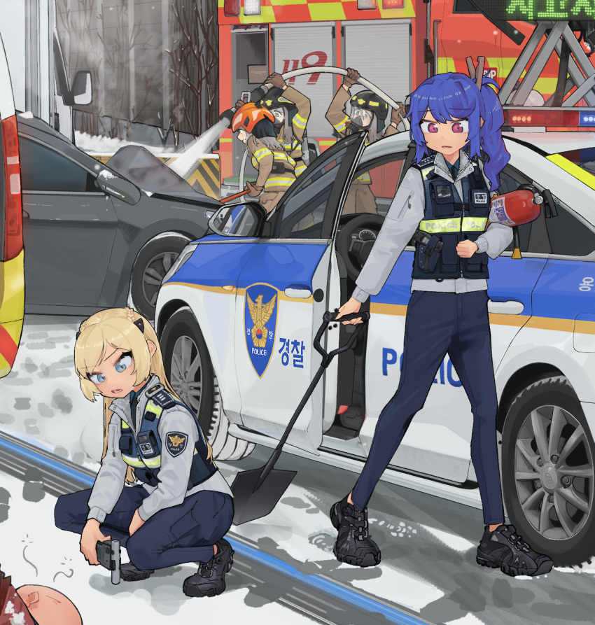 1boy 5girls bald blonde_hair blue_hair blue_pants car commentary_request dongdong_(0206qwerty) fire_extinguisher fire_truck firefighter firefighter_jacket footprints gas_mask girls_frontline grey_hair ground_vehicle helmet highres holding holding_hose holding_shovel hose jacket k11_(girls'_frontline) k3_(girls'_frontline) k5_(girls'_frontline) long_sleeves mask motor_vehicle multiple_girls outdoors pants patch police_car shirt shoes shovel snow south_korea squatting truck vest white_shirt winter wreckage