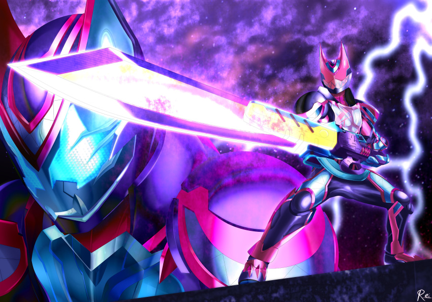 2boys absurdres blue_armor demon demon_boy demon_tail english_commentary giffard_rex giffard_rex_vistamp gloves highres huge_weapon kamen_rider kamen_rider_revi kamen_rider_revice kamen_rider_ultimate_revi kamen_rider_ultimate_vice kamen_rider_vice multicolored_clothes multicolored_gloves multiple_boys reiei_8 revicelasher sword tail weapon zoom_layer