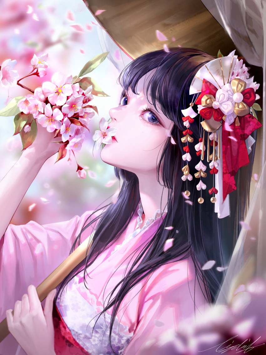 1girl absurdres bangs black_eyes black_hair blurry blurry_background blurry_foreground branch cherry_blossoms day hair_ornament hair_over_shoulder hand_up highres holding holding_umbrella kanzashi lizchief long_hair mouth_hold nose original petals second-party_source signature solo umbrella upper_body wind