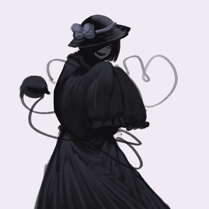 1girl @_@ absurdres blouse bow dress eyeball frilled_sleeves frills greyscale hat hat_bow heart heart_of_string highres kelbhin komeiji_koishi limited_palette long_dress long_sleeves looking_at_viewer monochrome one_eye_covered open_mouth shirt short_hair simple_background sleeves_past_wrists smile solo third_eye touhou white_background