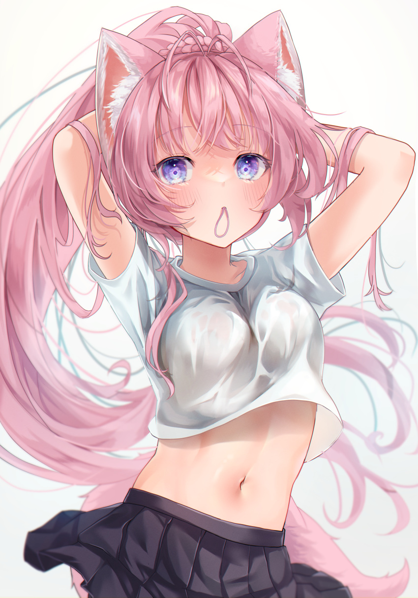 1girl absurdres ahoge animal_ear_fluff animal_ears arms_behind_head arms_up black_skirt blue_eyes blush breasts coyote_ears coyote_girl coyote_tail fuyoyo hair_tie hakui_koyori highres hololive long_hair midriff mouth_hold navel pink_hair ponytail shirt short_sleeves skirt solo stomach tail tying_hair very_long_hair virtual_youtuber white_shirt