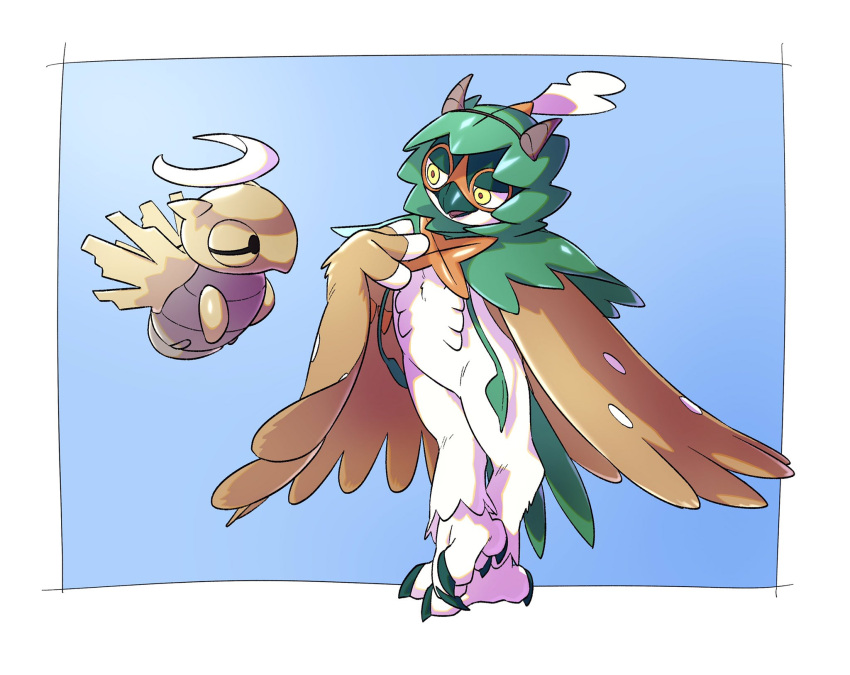 bird black_eyes border commentary_request decidueye eye_contact full_body hand_up highres looking_at_another no_humans open_mouth pkpokopoko3 pokemon pokemon_(creature) shedinja talons white_border yellow_eyes