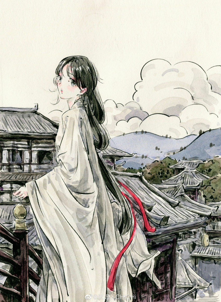 1girl absurdres architecture black_hair building chichi_chichi clouds dress east_asian_architecture fence forest hair_rings hair_strand highres long_hair long_sleeves looking_back mountain nature open_mouth original painting_(medium) ponytail solo traditional_media upper_body white_dress