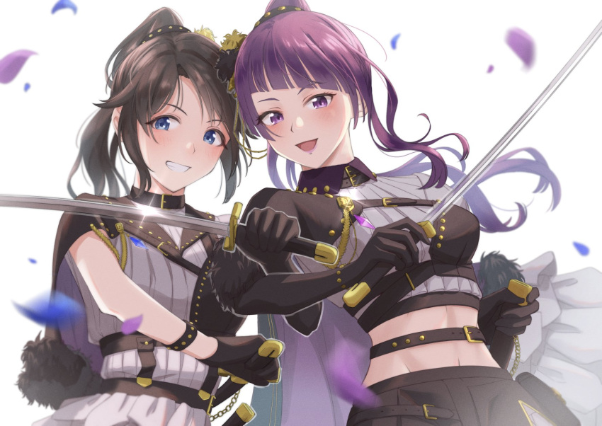 2girls asymmetrical_bangs bangs belt black_hair blue_eyes capelet chain choker grin hachisu_lotus hair_ornament highres holding holding_weapon idolmaster idolmaster_shiny_colors locker mitsumine_yuika multiple_girls petals ponytail purple_hair sheath sheathed smile sword tanaka_mamimi violet_eyes weapon