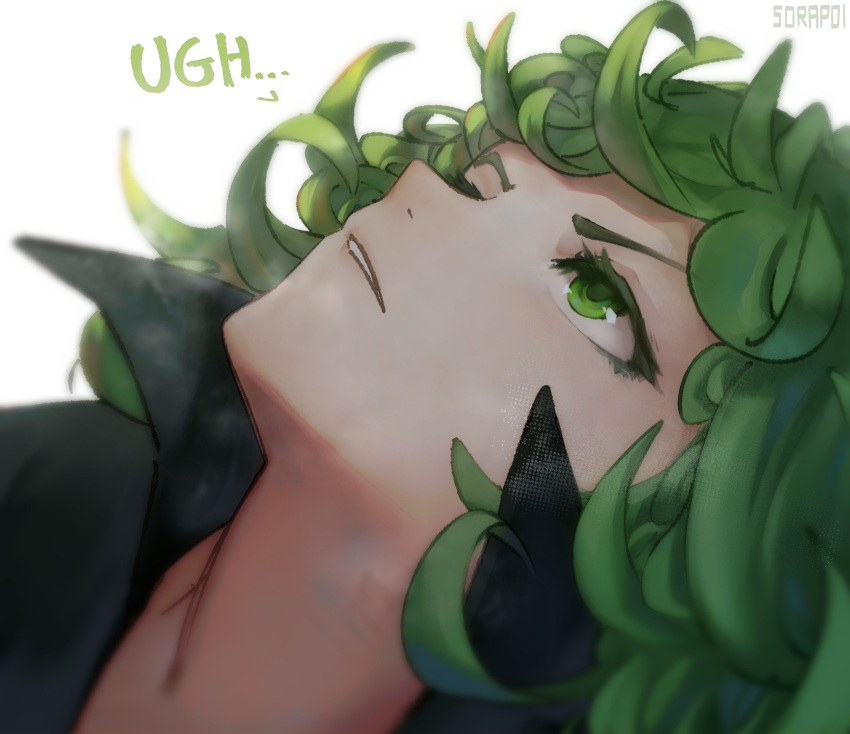 1girl annoyed artist_name bangs black_dress dress green_eyes green_hair head highres looking_up medium_hair one-punch_man parted_lips simple_background solo sorapoi tatsumaki teeth white_background