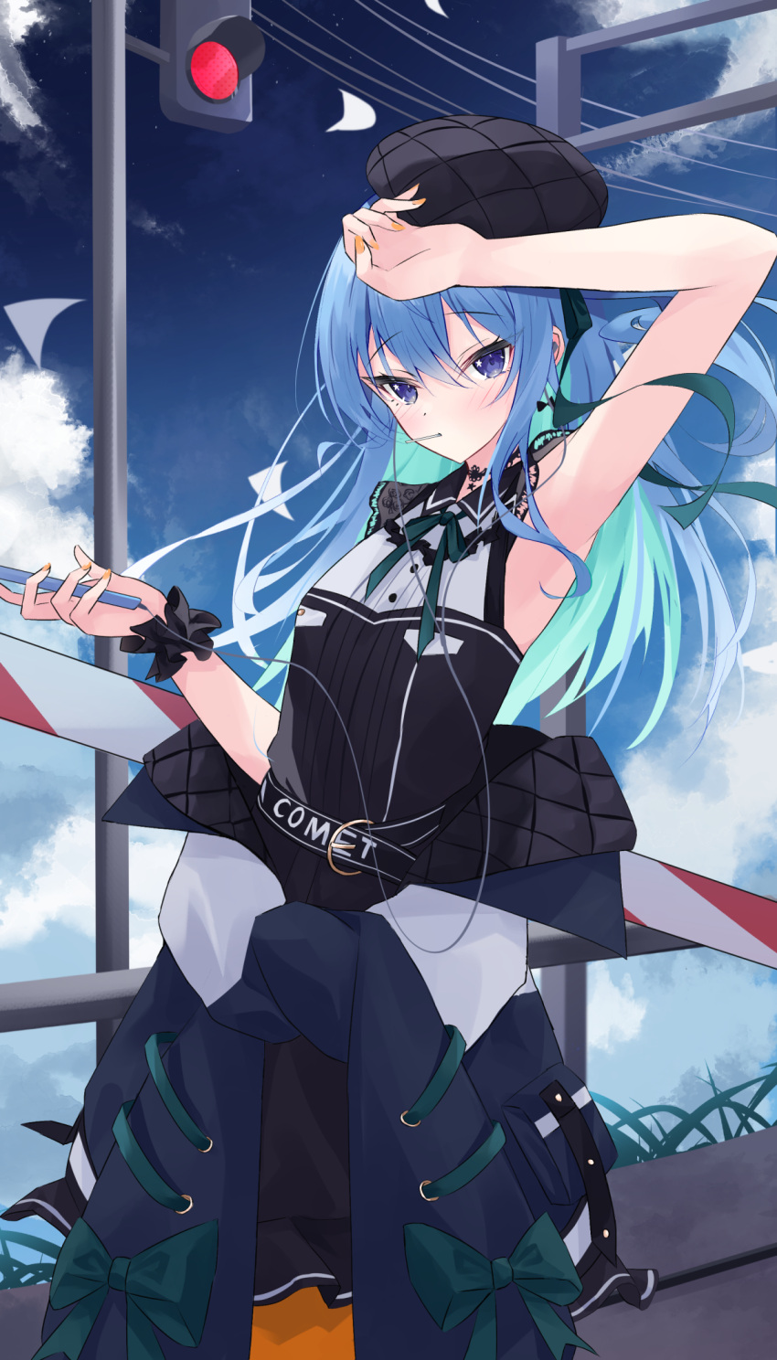 1girl arm_up armpits bangs beret black_headwear black_scrunchie black_shirt blue_eyes blue_hair blue_ribbon blue_sky clothes_around_waist clouds day eyebrows_visible_through_hair hair_between_eyes hat highres hololive hoshimachi_suisei jacket jacket_around_waist looking_at_viewer medium_hair neck_ribbon nerusu official_alternate_costume orange_nails ribbon scrunchie shirt sky sleeveless sleeveless_shirt solo star_(symbol) star_in_eye symbol_in_eye virtual_youtuber wrist_scrunchie