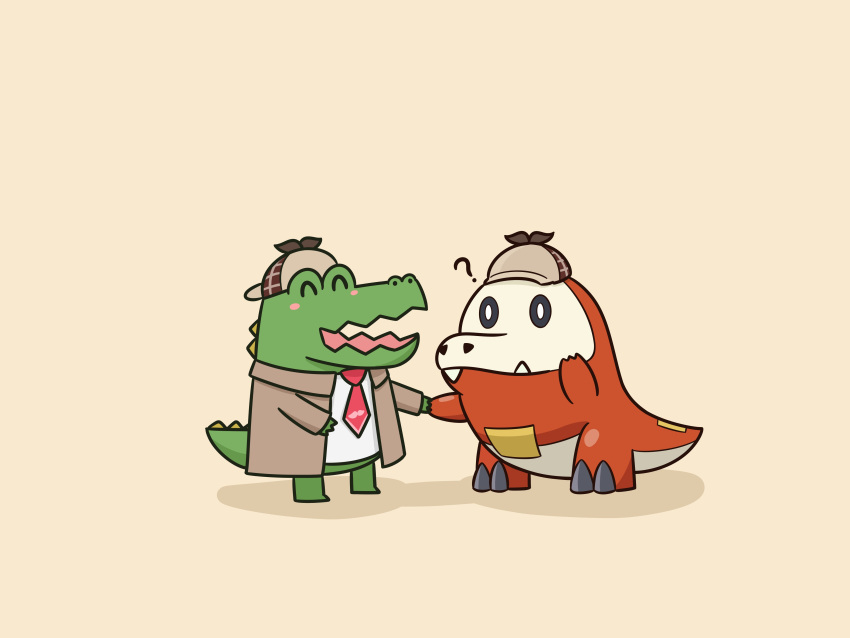 ? absurdres brown_headwear brown_jacket chibi commentary crocodile crocodilian crossover detective english_commentary fangs fuecoco handshake hat highres investigator_(amelia_watson) jacket mpien necktie no_humans open_mouth pokemon pokemon_(creature) red_necktie shirt simple_background smile trait_connection virtual_youtuber white_shirt