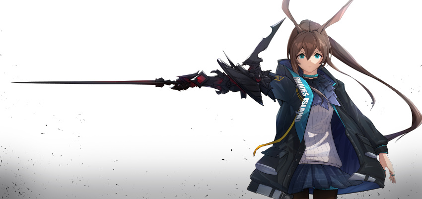 1girl absurdres amiya_(arknights) animal_ears arknights ascot bangs black_jacket black_legwear blue_ascot blue_eyes blue_skirt brown_hair closed_mouth eyebrows_visible_through_hair gradient gradient_background grey_background hair_between_eyes highres holding holding_sword holding_weapon hood hood_down hooded_jacket jacket long_hair looking_at_viewer open_clothes open_jacket outstretched_arm pantyhose pleated_skirt ponytail rabbit_ears ribbed_shirt shirt shoshu simple_background skirt solo sword v-shaped_eyebrows very_long_hair weapon white_background white_shirt