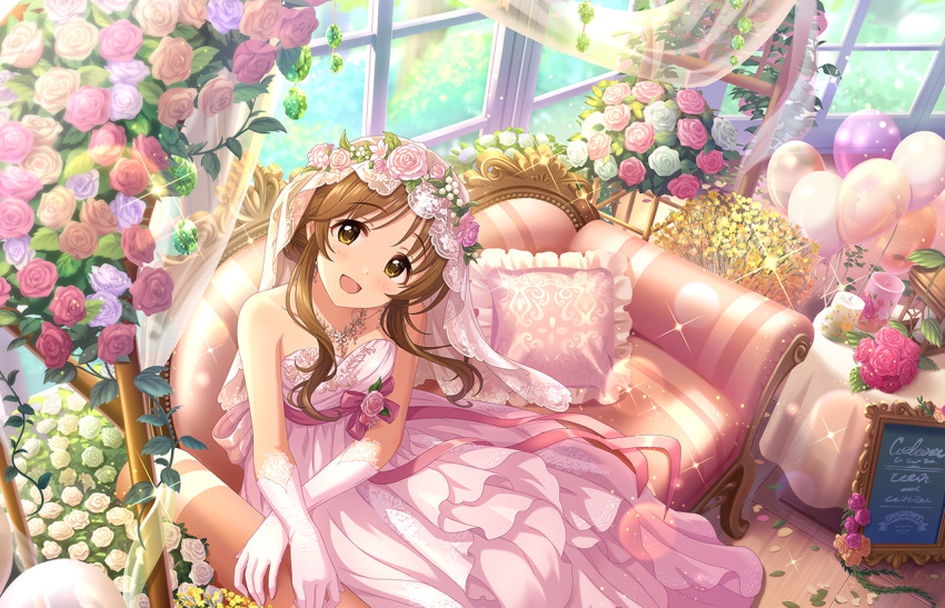 1girl artist_request bangs blush bow bridal_gauntlets bridal_veil bride brown_hair candle couch curtains day dress elbow_gloves flower formal frills gloves idolmaster idolmaster_cinderella_girls idolmaster_cinderella_girls_starlight_stage indoors jewelry lace_trim looking_at_viewer necklace official_art open_mouth petals pink_dress pink_flower pink_rose ribbon rose smile solo strapless strapless_dress sunlight takamori_aiko tareme veil wedding wedding_dress white_flower white_rose window yellow_eyes