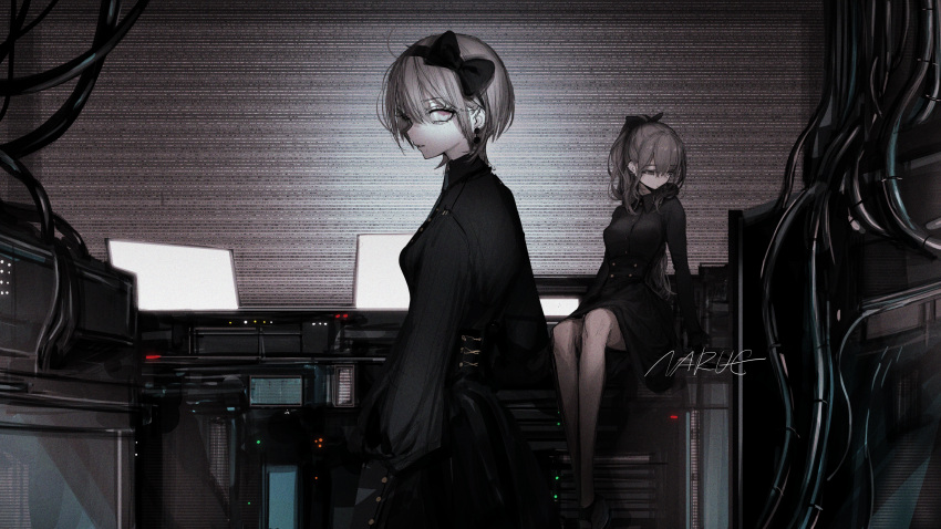 2021 2girls artist_name black_bow black_shirt blouse bow cable computer cowboy_shot cross-laced_clothes desk earrings english_text grey_hair hair_bow high-waist_skirt highres jewelry looking_at_viewer looking_to_the_side medium_skirt monitor multiple_girls narue on_desk original profile shirt short_hair sitting sitting_on_desk skirt standing wire
