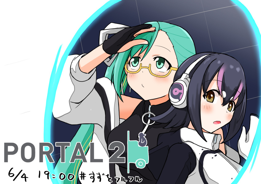 .live 2girls animal_costume black_gloves black_hair closed_mouth elbow_gloves glasses gloves green_eyes green_hair headphones highres hpaliver humboldt_penguin_(kemono_friends) kagura_suzu_(.live) kemono_friends kemono_friends_v_project long_hair looking_at_viewer multiple_girls open_mouth penguin_costume penguin_tail short_hair tail virtual_youtuber