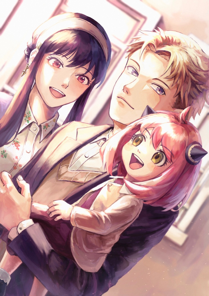 1boy 2girls :d anya_(spy_x_family) bangs black_hair black_jacket blonde_hair buttons carrying closed_mouth collared_shirt commentary_request cone_hair_bun earrings etsuko_pkmn eyelashes family green_eyes grey_eyes hairband highres jacket jewelry long_sleeves multiple_girls open_mouth pink_hair shirt short_hair short_hair_with_long_locks sidelocks smile spy_x_family sweater_vest teeth tongue twilight_(spy_x_family) upper_teeth white_hairband white_shirt yor_briar