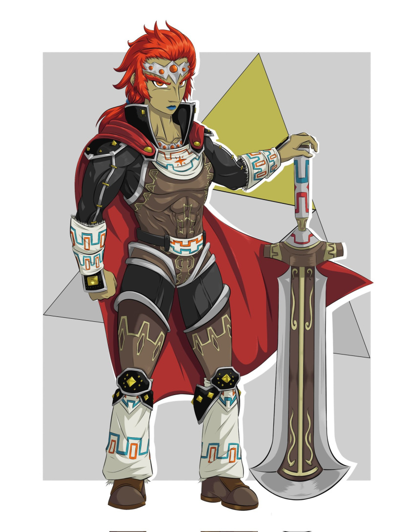 abs alternate_hairstyle armband armor black_undershirt blue_lips brown_footwear brown_legwear cape ememtrp ganondorf genderswap genderswap_(mtf) gerudo hair_ornament headpiece highres knee_pads long_nose muscular muscular_female ponytail red_eyes redhead shoulder_armor simple_background sword the_legend_of_zelda the_legend_of_zelda:_ocarina_of_time triforce weapon