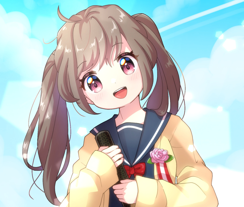 1girl :d ahoge bangs blush bow bowtie brooch brown_hair cardigan day diploma eyebrows_visible_through_hair graduation head_tilt holding jewelry light_particles long_hair long_sleeves looking_at_viewer mmmera827 open_mouth original pink_eyes school_uniform serafuku sky smile solo twintails