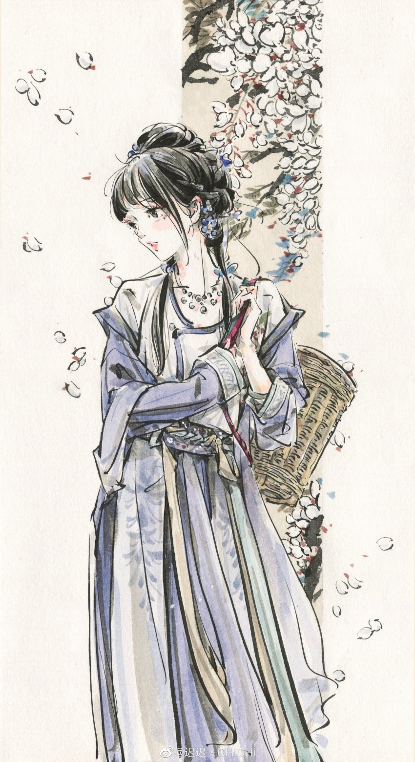 1girl absurdres basket black_hair blue_jacket braid chichi_chichi dress falling_petals flower hair_ornament highres holding_strap jacket jewelry looking_to_the_side necklace open_mouth original petals solo white_dress