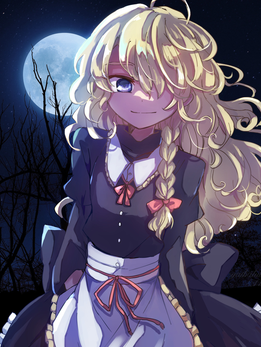 1girl absurdres ahoge alternate_eye_color apron artist_name back_bow bangs black_bow black_dress black_sky blonde_hair blue_eyes blue_moon blue_sky bow bowtie braid branch buttons closed_mouth collared_dress commentary_request dress eyebrows_visible_through_hair frills full_moon gradient gradient_sky grey_apron hair_between_eyes hair_bow highres juliet_sleeves kirisame_marisa long_hair long_sleeves looking_at_viewer moon moonlight night night_sky no_hat no_headwear puffy_sleeves red_bow red_bowtie single_braid sky smile solo standing star_(sky) starry_sky tigern touhou tree wavy_hair