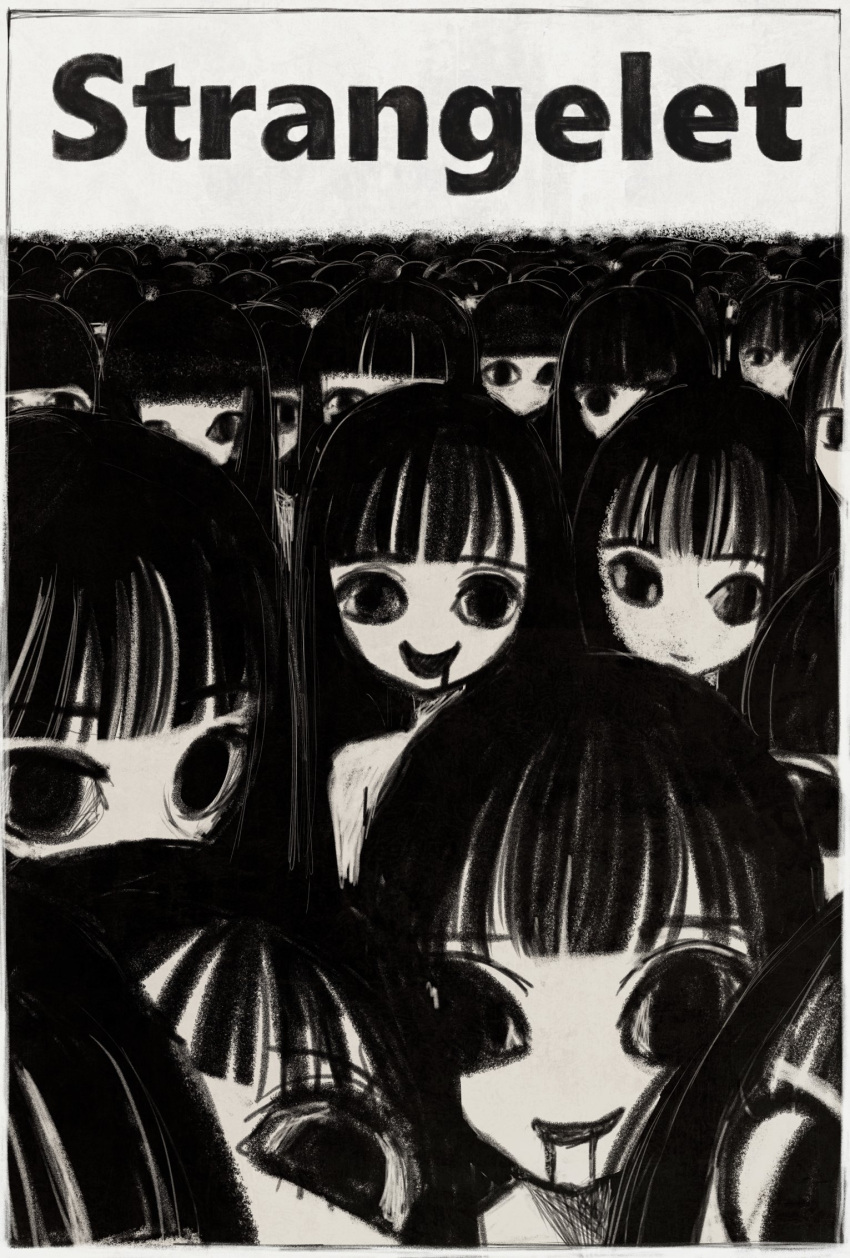 6+girls :d bangs blunt_bangs choker clone closed_mouth crowd greyscale highres looking_at_viewer monochrome multiple_girls narue original smile white_choker wide-eyed