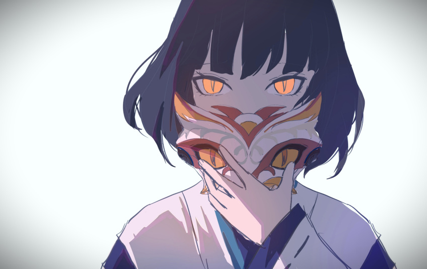 1girl bangs bbqqq black_hair covering_mouth genshin_impact hand_up highres holding holding_mask japanese_clothes kimono looking_at_viewer mask short_hair simple_background slit_pupils snake_mask solo tsumi_(genshin_impact) upper_body white_kimono wide_sleeves
