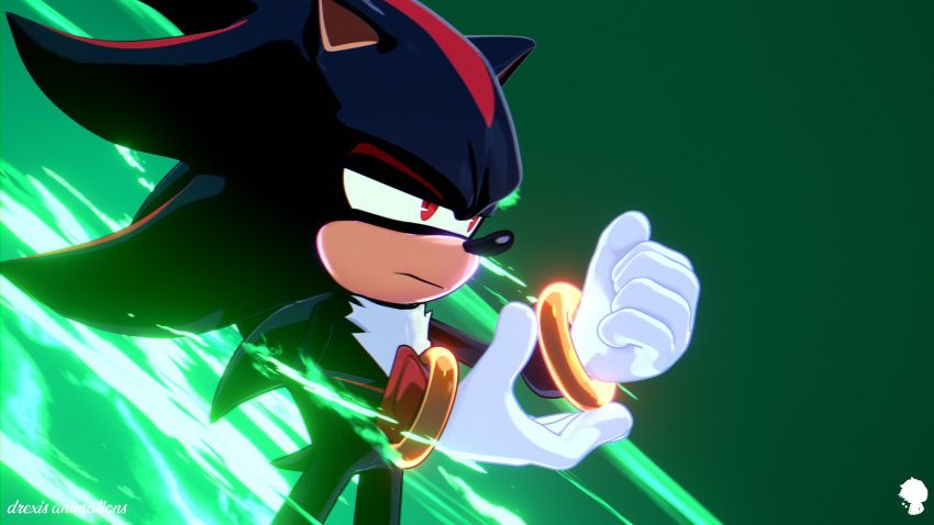 1boy artist_logo artist_name black_fur drexis_anim fire frown gauntlets gloves green_fire half-closed_eyes highres looking_to_the_side male_focus multicolored_fur pointy_nose red_eyes red_fur shadow_the_hedgehog signature solo sonic_(series) spiky_hair white_fur wristband