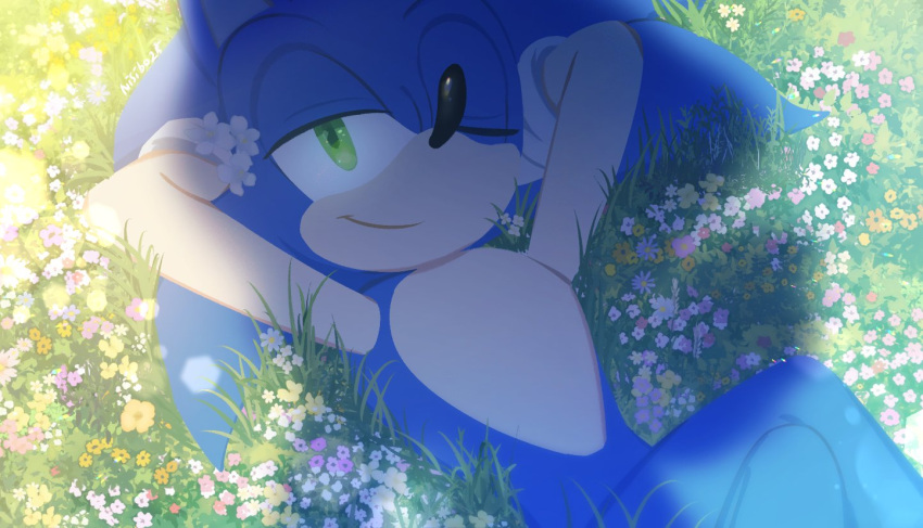 1boy arm_behind_head blue_fur day field flower flower_field gloves grass green_eyes half-closed_eye looking_at_viewer lying male_focus nisibo25 one_eye_closed pointy_nose smirk solo sonic_(series) sonic_frontiers sonic_the_hedgehog spiky_hair