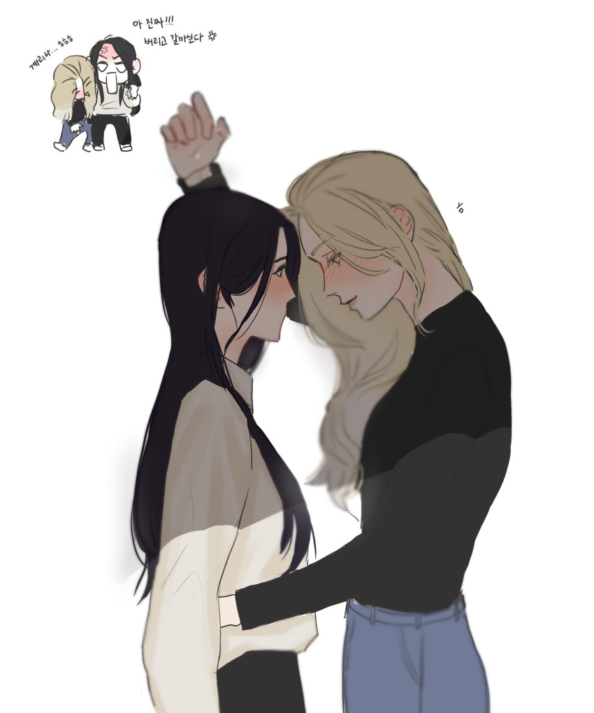 2girls black_hair blonde_hair blush chibi chibi_inset closed_mouth commentary_request ear_blush eyebrows_visible_through_hair from_side gyerin_yang highres juyeon_na kabedon korean_commentary long_hair multiple_girls sadistic_beauty ssozei translation_request yuri
