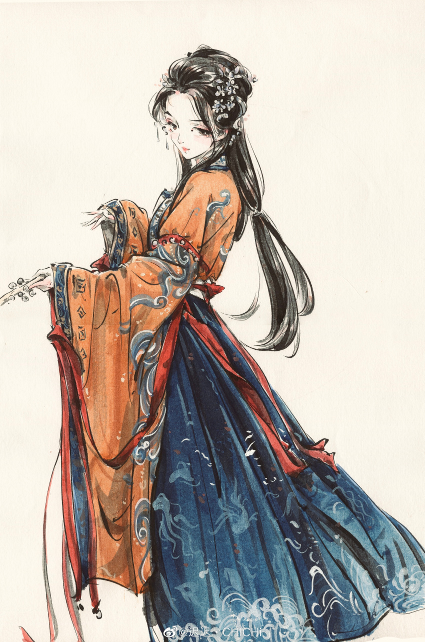 1girl absurdres black_hair blue_skirt chichi_chichi flower from_side hair_flower hair_ornament highres holding jacket long_sleeves looking_at_viewer looking_back orange_jacket original painting_(medium) ponytail sash skirt solo traditional_media upper_body