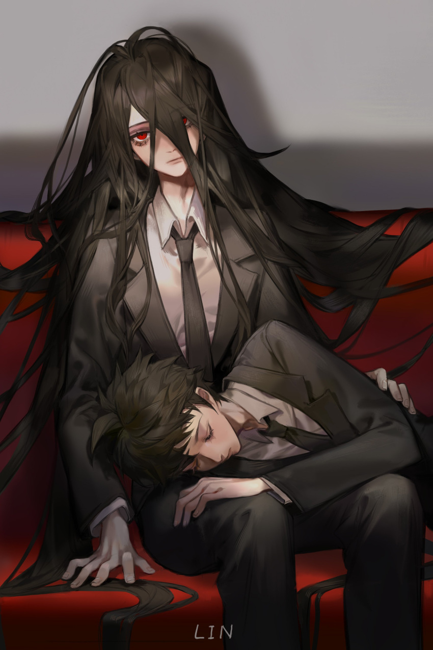 2boys absurdres artist_name bangs black_jacket black_necktie black_pants brown_hair closed_eyes closed_mouth collared_shirt danganronpa_(series) danganronpa_2:_goodbye_despair feet_out_of_frame gradient gradient_background grey_shirt hair_between_eyes highres hinata_hajime jacket kamukura_izuru lin09 looking_at_viewer lying multiple_boys necktie on_lap on_side open_clothes open_jacket pants red_eyes shiny shiny_hair shirt sleeping