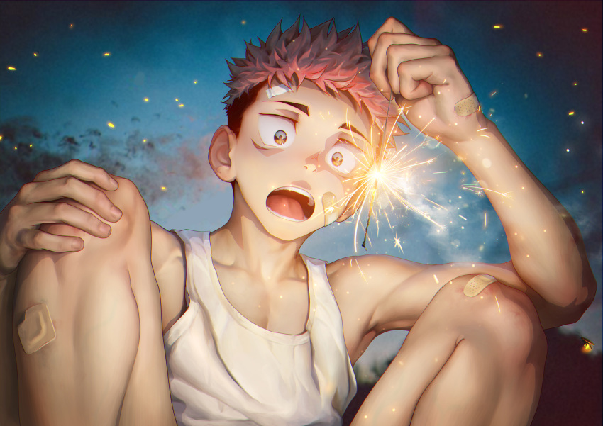 1boy absurdres bandaid bandaid_on_cheek bandaid_on_face bandaid_on_forehead bandaid_on_hand bandaid_on_leg beitemian brown_eyes facial_mark fireworks glowstick highres holding holding_fireworks itadori_yuuji jujutsu_kaisen male_focus night night_sky open_mouth outdoors pink_hair short_hair sky solo sparkler tank_top undercut white_tank_top