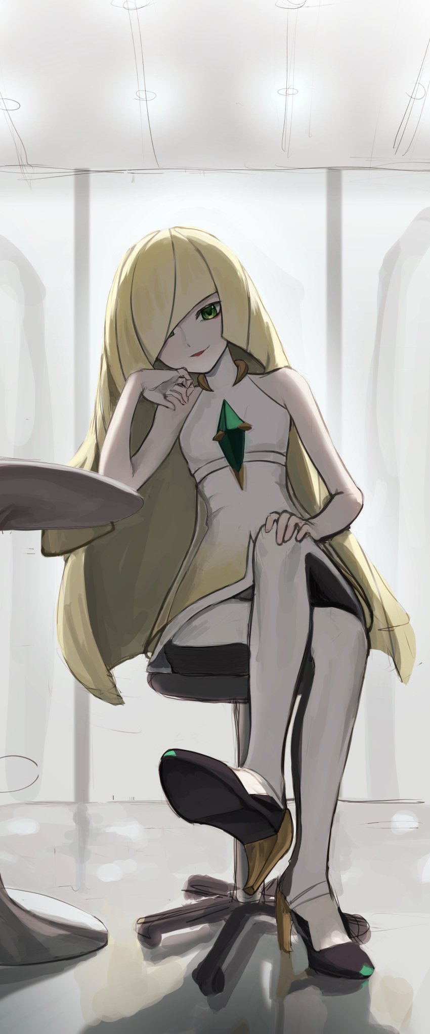 1girl absurdres apopo bangs bare_arms bare_shoulders blonde_hair breasts commentary_request crossed_legs dress eyeliner from_below green_eyes hair_over_one_eye hand_on_own_knee head_tilt high_heels highres indoors lipstick long_hair looking_at_viewer lusamine_(pokemon) makeup open_mouth pale_skin pokemon pokemon_(game) pokemon_sm red_lips sitting sketch sleeveless sleeveless_dress small_breasts smile smirk solo stool table very_long_hair white_dress white_legwear