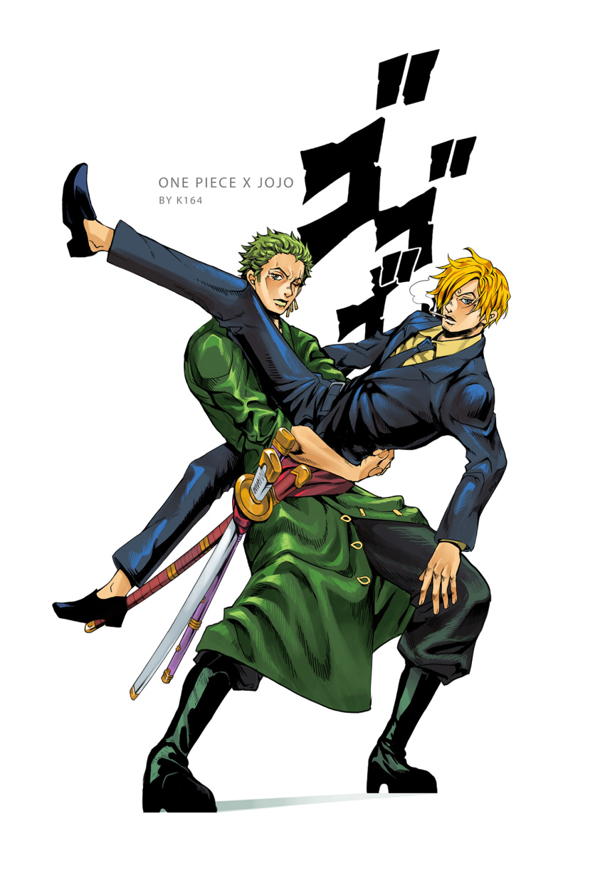 2boys araki_hirohiko_(style) blonde_hair formal green_hair highres jojo_no_kimyou_na_bouken jojo_pose k164 long_sleeves male_focus multiple_boys one_piece parody pose roronoa_zoro sanji steel_ball_run style_parody suit